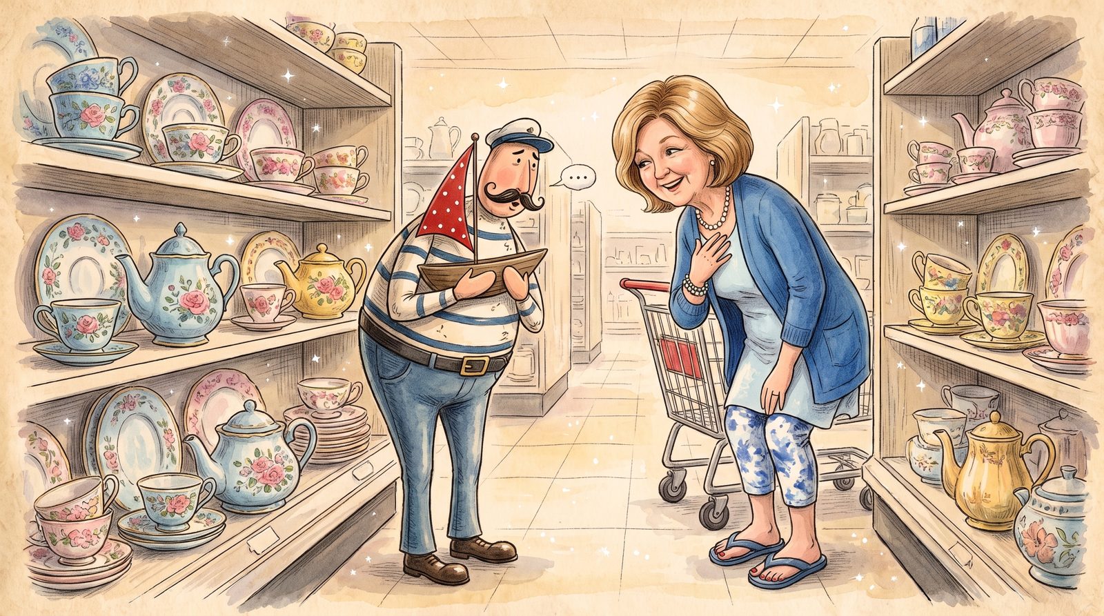 Between shelves of flowered teacups and teapots, a tin French sailor with a curly mustache, holding a toy sailboat, whispers to Granchu, who leans over her shopping cart with a hand on her heart.