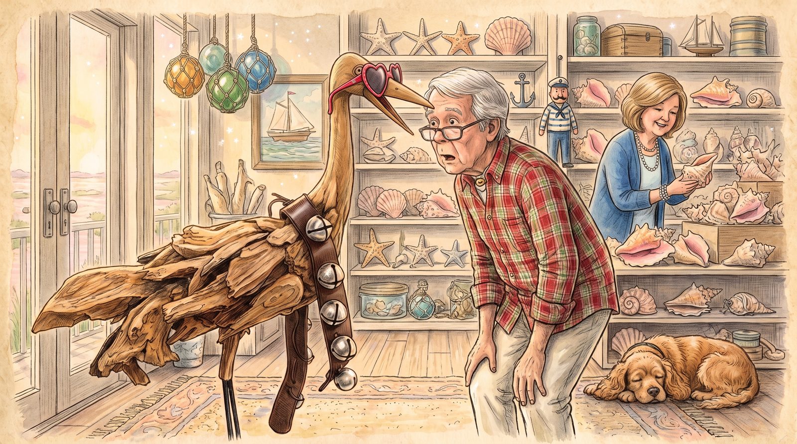 In a shop full of shells, starfish and glass floats, Papaw leans in, astonished, toward a tall driftwood crane wearing red heart-shaped sunglasses and a strap of sleigh bells. Granchu admires a shell in the background.